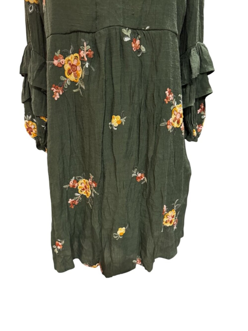 Fig & Flower Embroidered Boho Midi Dress Green Floral Ruffle Sleeve Large - Picture 4 of 7